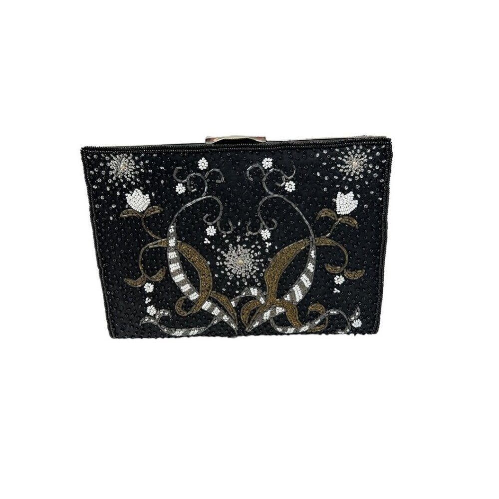 Vintage 1960s Beaded Black Satin Clutch Purse Hinged 7.5" x 5"